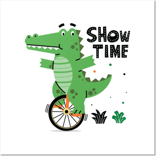 Cute crocodile riding a unicycle Posters and Art